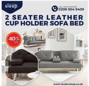 2 Seater Leather Cup Holder Sofa Bed | 40% Off