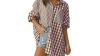 Women's Plaid Casual Patchwork Tops Long Sleeve Oversized Blouse Button Down Collar Shirt