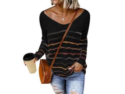 Womens Pullover Long Sleeve Color Block Stripe Sweaters Casual V Neck Loose Tops