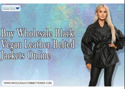 Buy wholesale Black Vegan Leather Belted Jacket Online.