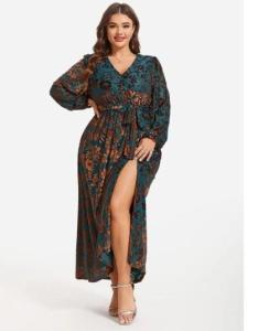 Floral Print Belted Split Wrap Velvet Maxi Dress