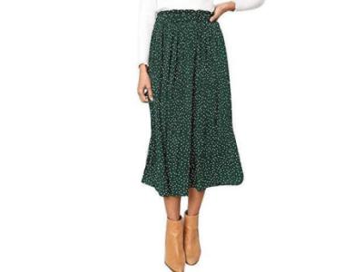 Women’s Boho Vintage High Waist Polka Dot Printed High Elastic Waist Pleated Midi Skirt Long Swing