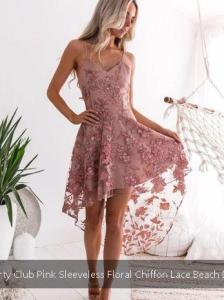 Elegant *** Sweet Party Club Pink Sleeveless Floral Chiffon Lace Beach Dress,NEW!