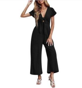 Women Short Sleeve Tie V Neck Wide Leg Pants Romper