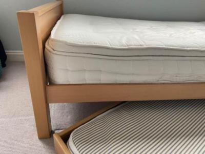 Aspace Oak single bed and truckle, both mattresses