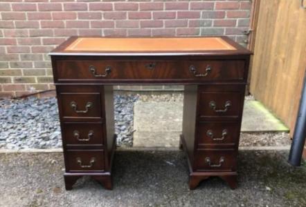 Chesterfield Regency style Twin Pedestal Writing Desk with Brown Leather Top Inlay