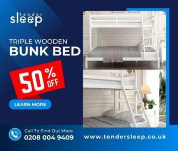 Elevate Your Bedroom with Triple Wooden Bunk Beds!" buy now up to 50% off
